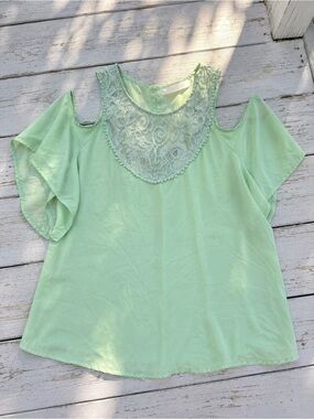 Decree Mint Green Cold Shoulder Lace Boho Chiffon Blouse Top Large